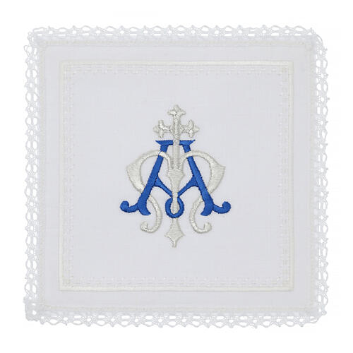 Altar set of 4 linens, Marial initials and cross, linen cotton and viscose 1