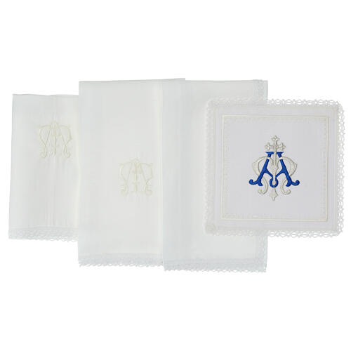 Altar set of 4 linens, Marial initials and cross, linen cotton and viscose 3