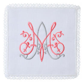 Set of altar linens with Marial initials, cotton, linen and viscose