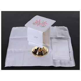 Set of altar linens with Marial initials, cotton, linen and viscose