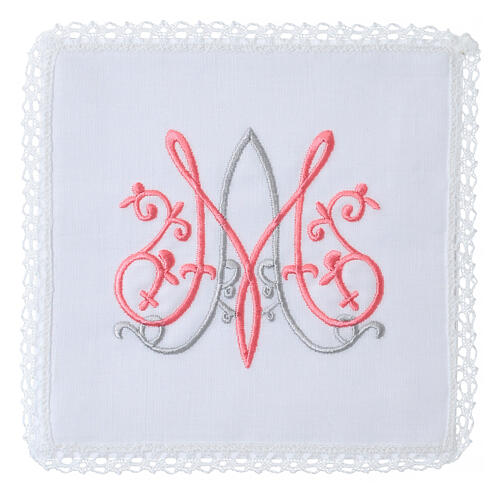 Set of altar linens with Marial initials, cotton, linen and viscose 1