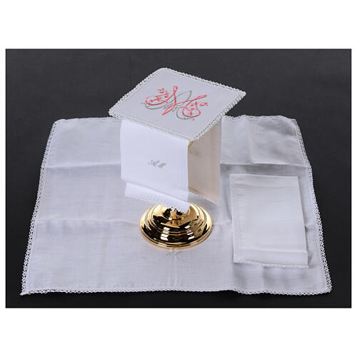 Set of altar linens with Marial initials, cotton, linen and viscose 2