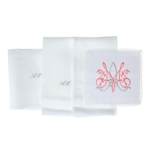 Set of altar linens with Marial initials, cotton, linen and viscose 3