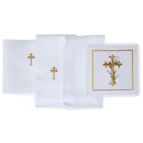Set of altar linens with golden cross and lilies, cotton, linen and viscose 3