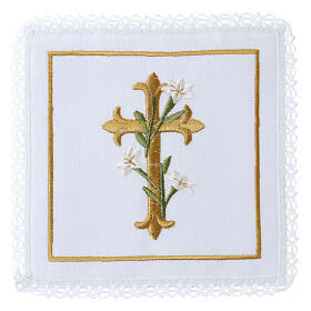 Conjunto de altar de linho algodão viscose cruz ouro flores 4 peças