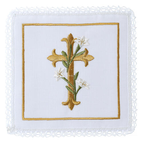 Conjunto de altar de linho algodão viscose cruz ouro flores 4 peças 1
