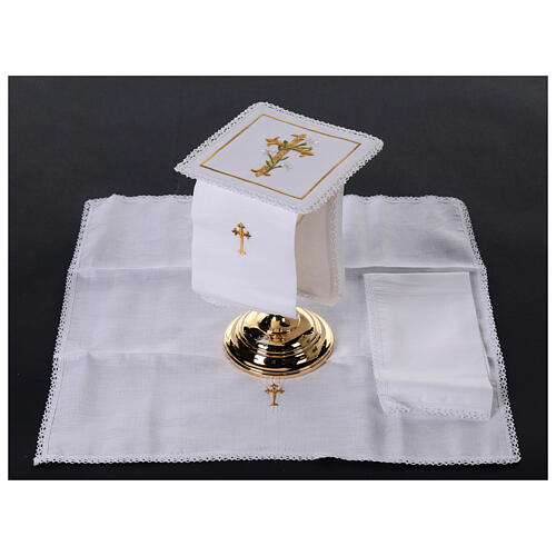 Conjunto de altar de linho algodão viscose cruz ouro flores 4 peças 2