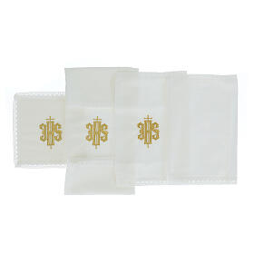 Altar linens with embroidered IHS, set of 4, white cotton