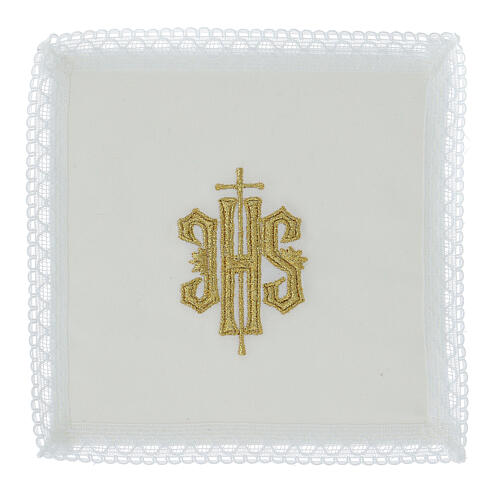 Altar linens with embroidered IHS, set of 4, white cotton 1