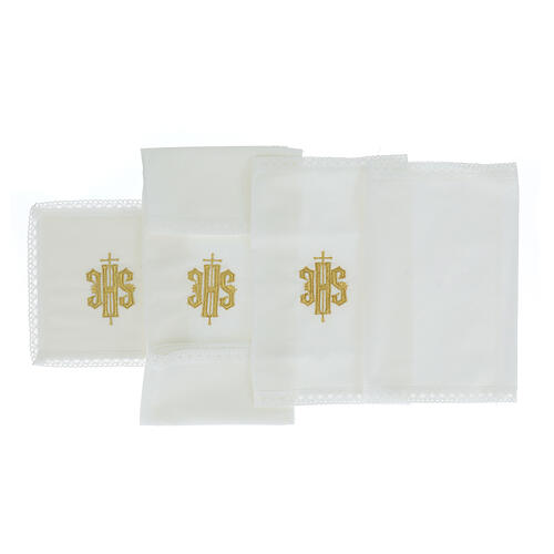 Altar linens with embroidered IHS, set of 4, white cotton 2
