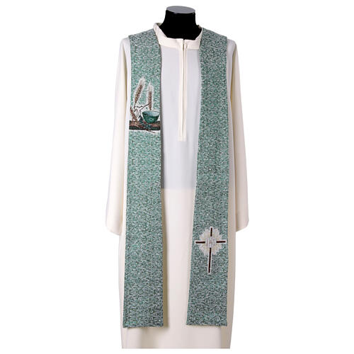 Stuła z symbolami eucharystycznymi, tło 4 kolory liturgiczne 2