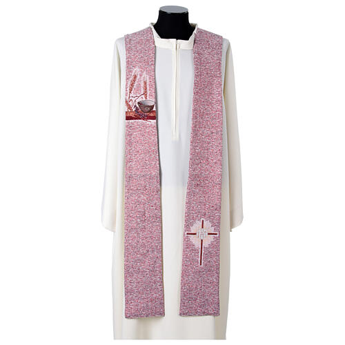 Stuła z symbolami eucharystycznymi, tło 4 kolory liturgiczne 4