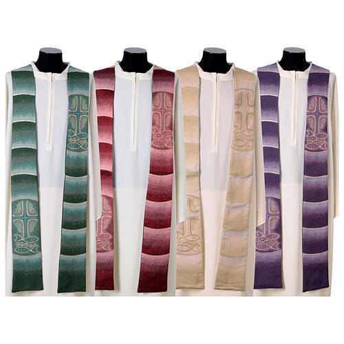 Priesterstola, 4 liturgische Farben, Kreuz, Fische und Brotlaib 1