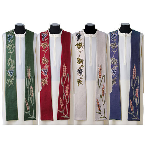 Priesterstola, 4 liturgische Farben, Weinranken und Weizenähren 1