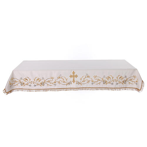 White altar cloth with golden cross, golden and silver flowers 2
