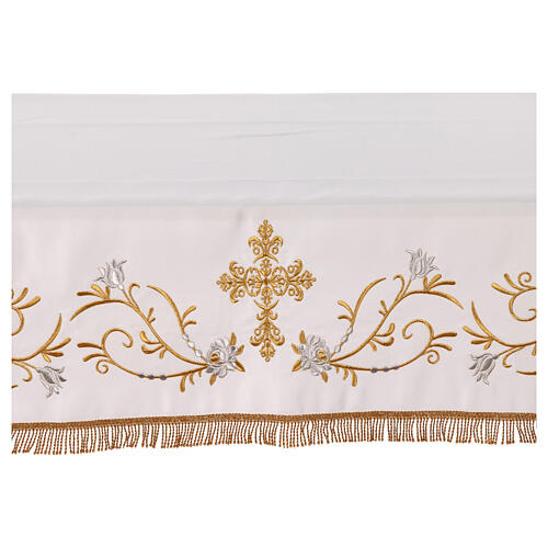 White altar cloth with golden cross, golden and silver flowers 3
