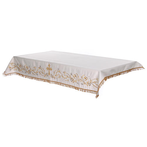White altar cloth with golden cross, golden and silver flowers 5