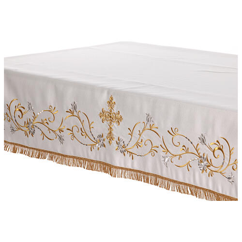 White altar cloth with golden cross, golden and silver flowers 7