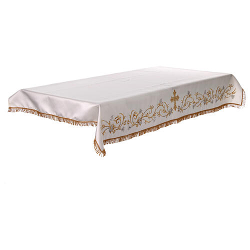 White altar cloth with golden cross, golden and silver flowers 9