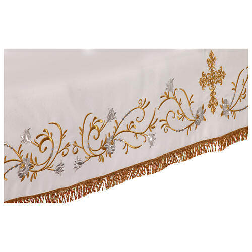 White altar cloth with golden cross, golden and silver flowers 12