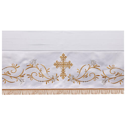 Ivory altar cloth with golden cross, golden and silver flowers 4