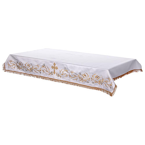 Ivory altar cloth with golden cross, golden and silver flowers 6