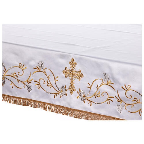 Ivory altar cloth with golden cross, golden and silver flowers 7