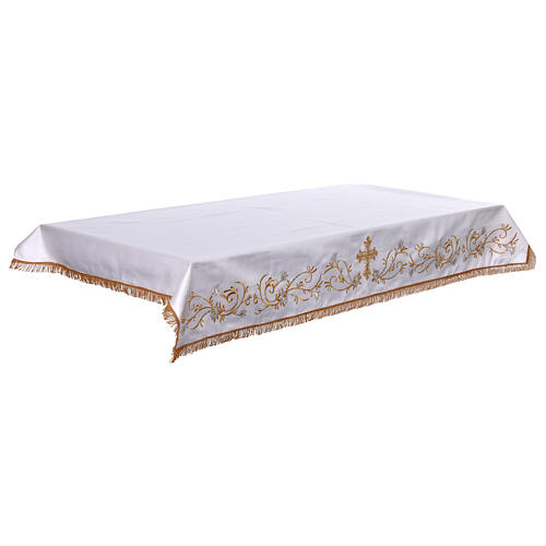 Ivory altar cloth with golden cross, golden and silver flowers 10