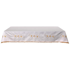 Toalha de altar cor de marfim cruz prateada dourada espigas mistura de algodão