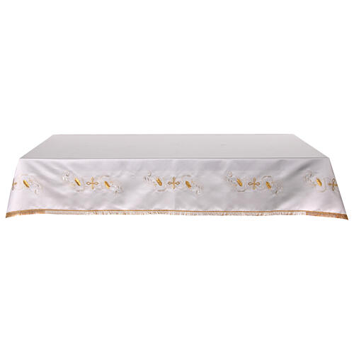 Toalha de altar cor de marfim cruz prateada dourada espigas mistura de algodão 1
