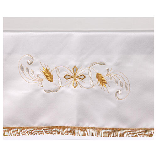 Toalha de altar cor de marfim cruz prateada dourada espigas mistura de algodão 4