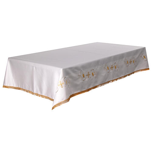 Toalha de altar cor de marfim cruz prateada dourada espigas mistura de algodão 10
