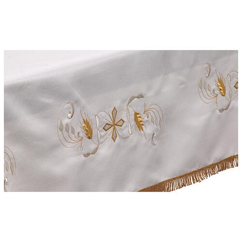 Toalha de altar cor de marfim cruz prateada dourada espigas mistura de algodão 12
