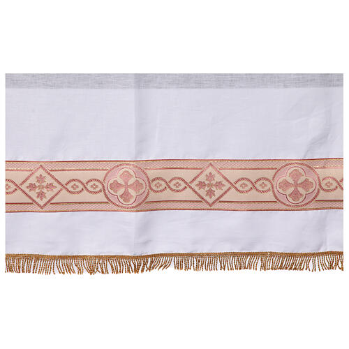 White linen altar cloth with red and gold embroidered crosses, 100x60 in 3