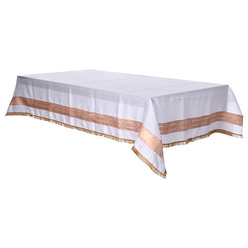 White linen altar cloth with red and gold embroidered crosses, 100x60 in 6