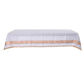 White altar tablecloth with red gold embroidered crosses linen 250x150 cm