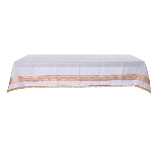 White altar tablecloth with red gold embroidered crosses linen 250x150 cm 2