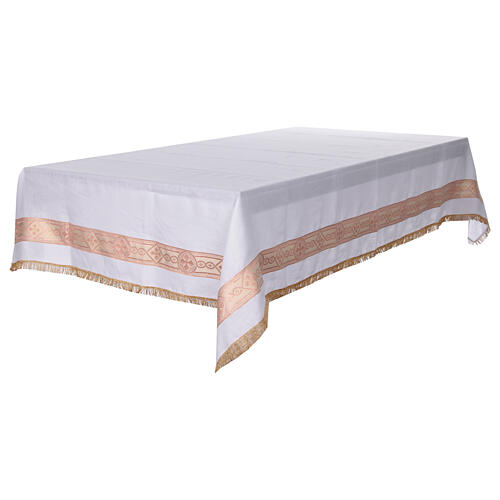 White altar tablecloth with red gold embroidered crosses linen 250x150 cm 9