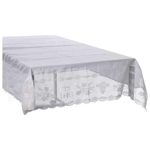 White altar tablecloth leaves lace 100% linen 5