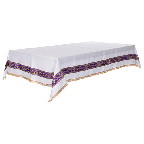 Altar cloth with purple galloon with embroidered crosses, 100% linen 10