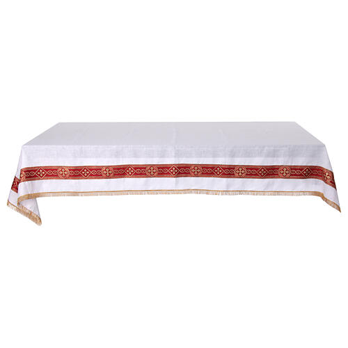 White altar cloth with red galloon, golden crosses, 100% linen 1