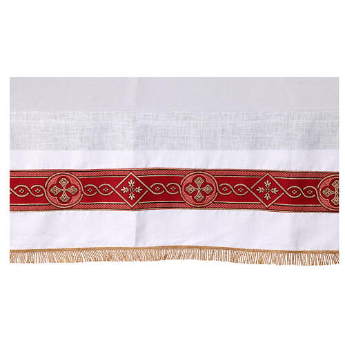 White altar cloth with red galloon, golden crosses, 100% linen 3