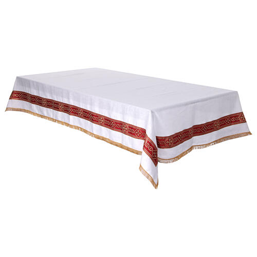 White altar cloth with red galloon, golden crosses, 100% linen 6