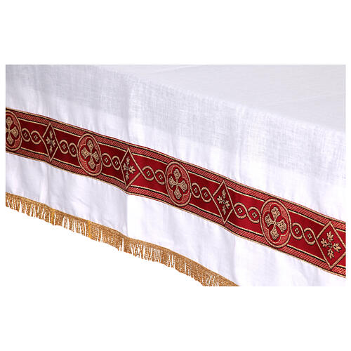 White altar cloth with red galloon, golden crosses, 100% linen 7