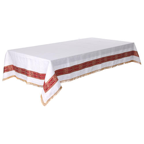 White altar cloth with red galloon, golden crosses, 100% linen 9