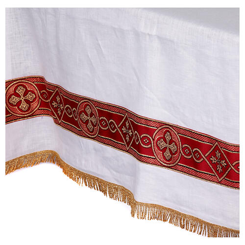White altar cloth with red galloon, golden crosses, 100% linen 12