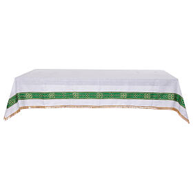 Altar cloth with green galloon, golden crosses, 100% linen