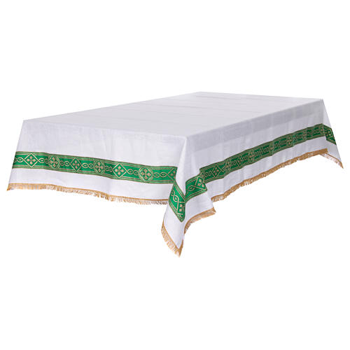 Altar cloth with green galloon, golden crosses, 100% linen 10