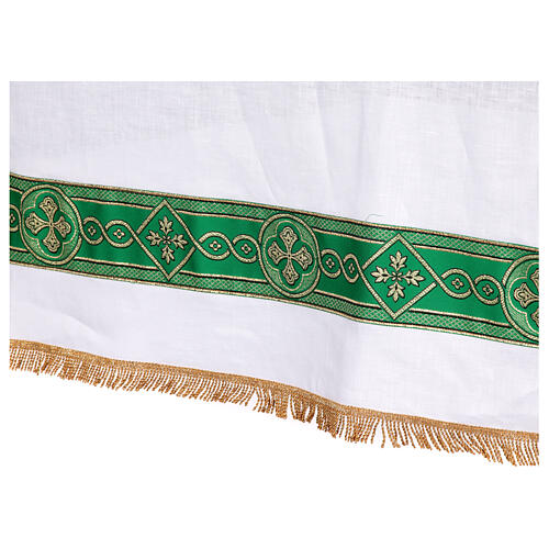 Altar cloth with green galloon, golden crosses, 100% linen 12