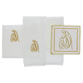 Altar linens with half fine thread embroidery of the Holy Family